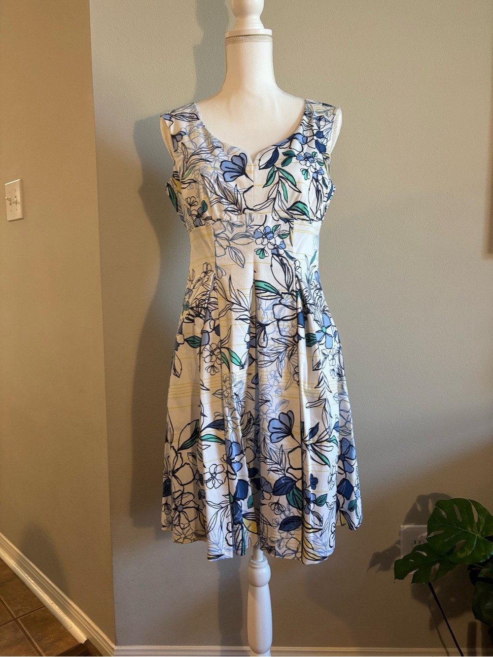 dressbarn White Floral Fit-and-Flare Dress with Blue Accents